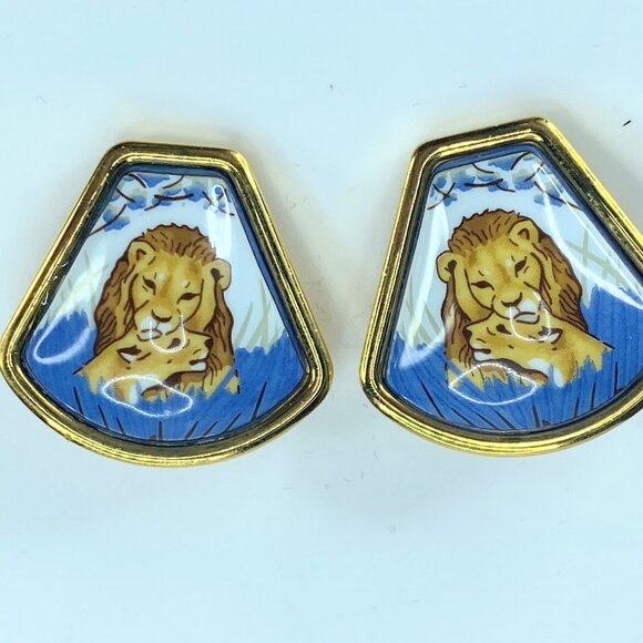 Vintage Hermès Boucles d'oreilles Emile Lion Email ceramic earrings GS316 - Picture 5 of 7